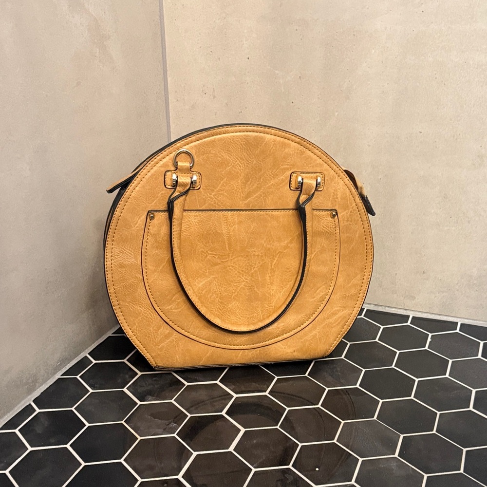 Camel Leather Accordion Satchel Handbag with Pockets and Jewel Toned Accents